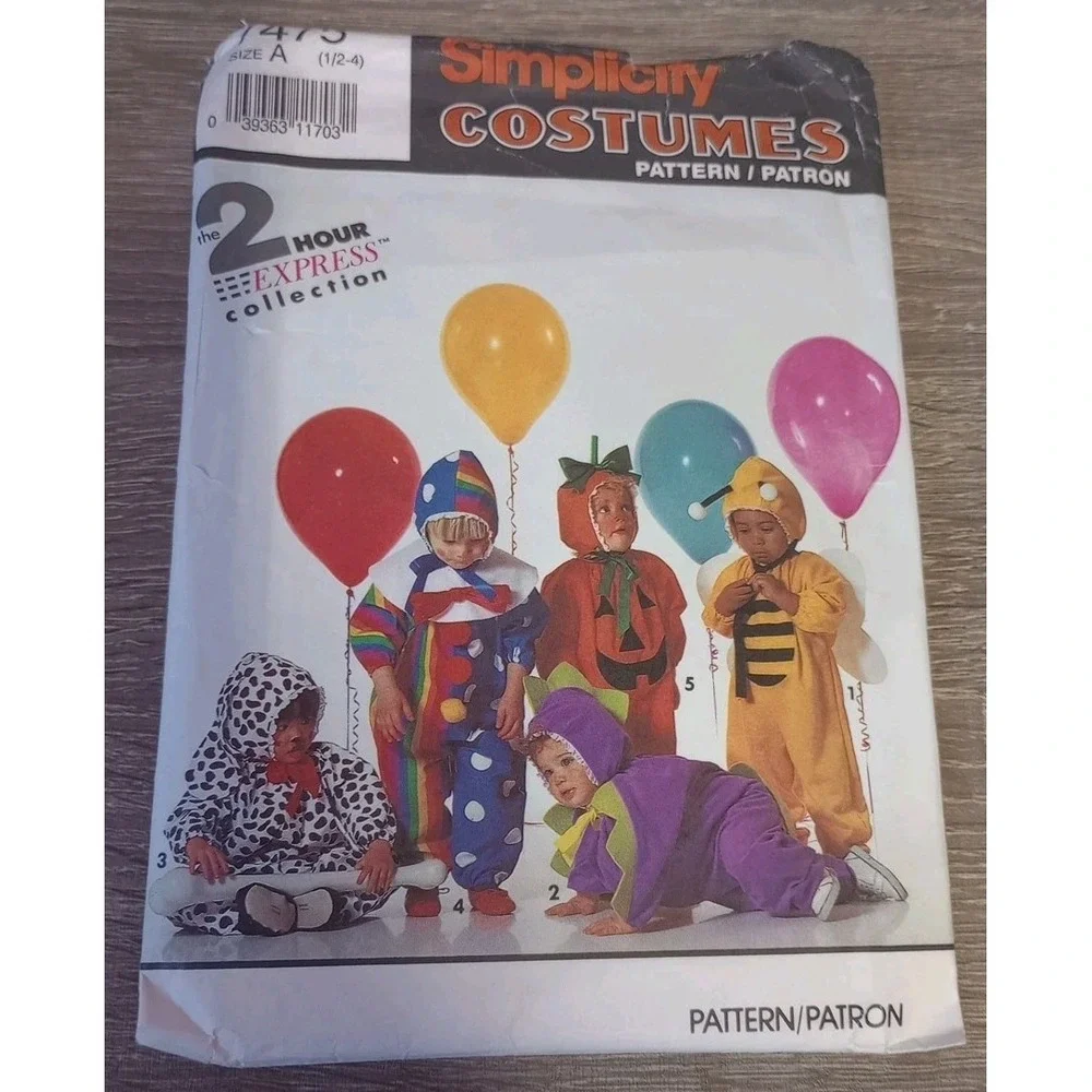 Simplicity Pattern 7475 Child's Costumes Size 1/2 - 4 Bee Clown Pumpkin Dog Cut‎